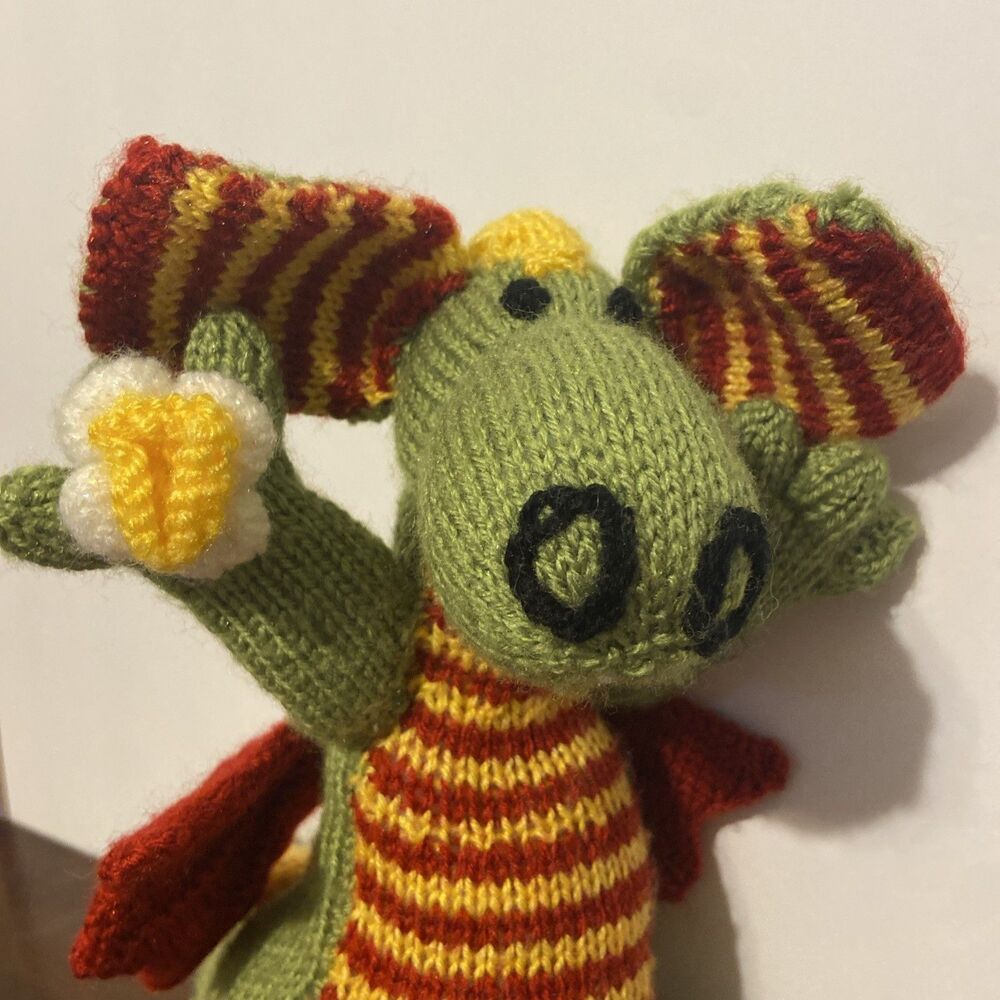 Hand Knitted Daisy Dragon Plush Toy Debi Birkin Pattern Green Yellow Striped 10”